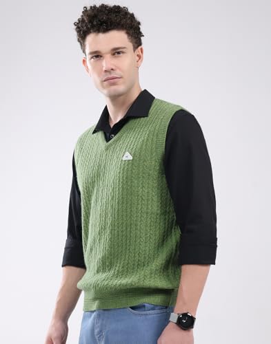 Image of Monte Carlo Men's Regular Fit Pullover | Self Design Pattern | Pull On Closure with Sleeveless V Neck Winter Pullover for Men's