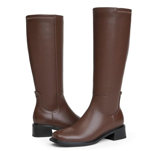 Image of QIY Knee High Boots for Women Low Heel Flat Tall Boots, Light Brown, 8.5