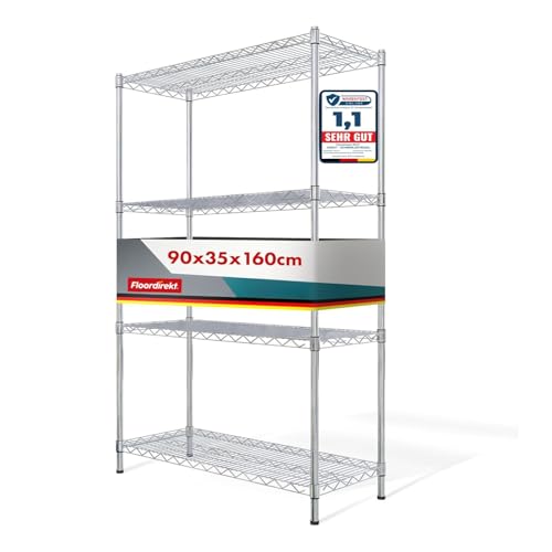 Scaffale con ripiani a griglia Everest, in metallo, portata circa 70 kg per ripiano. Sistema di stoccaggio multifunzionale, cromato, disponibile in diverse dimensioni (90 x 35 x 160 cm, 4 ripiani)