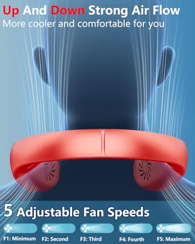Image of Portable Neck Fan with Water Mist, 4000mAh 4-9H Lasting, LED Display & 5 Fan-Speed, Dual Vents Rechargeable Neck AC, Hands-Free Bladeless Face Fans for Women Men Teens Birthday Gifts Beach Golf, Red