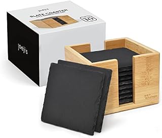 Joejis Set of 10 Drink Coasters Mats 100% Natural Grey Slate Heat Resistant Slate Coaster Stylish Slate Coasters with Holder Multipurpose Black Coasters for Beer Wine Vase and more