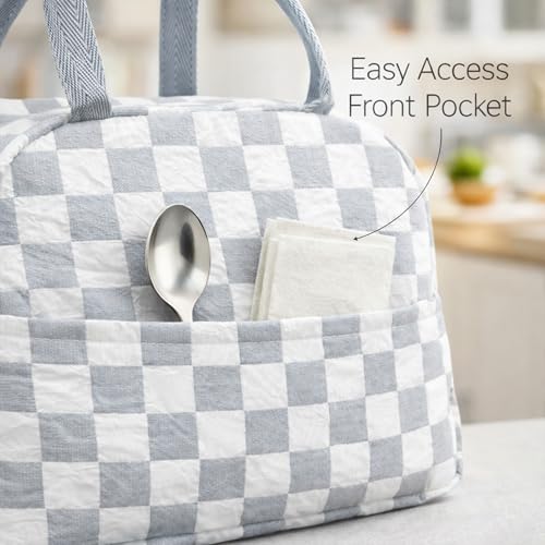 Image of The Earth Store White Check Insulated Lunch Bag for Office, Men, Women | Travel Tiffin Bag with Handle, Waterproof & Leakproof | Reusable Thermal Lunch Box Bags