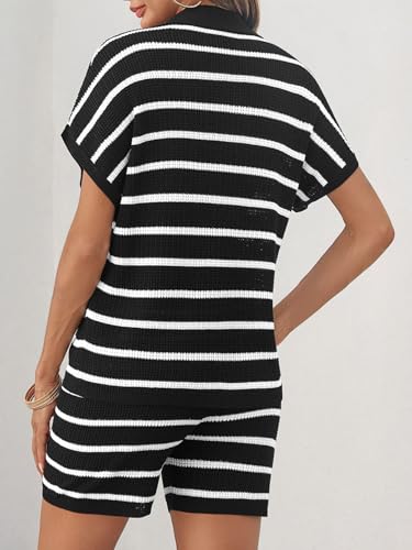 Image of Tankaneo Womens 2 Piece Outfits Striped Knit Summer Sets V Neck Short Sleeve Tops and Shorts Lounge Matching Set