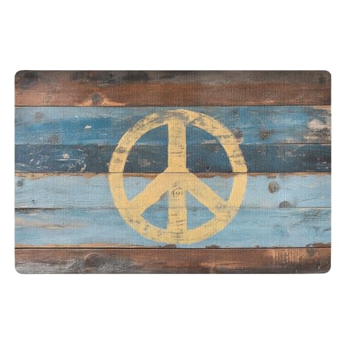 WOIWB Doormat Wood Peace Sign Print, Welcome Mat 20x32 inches Dirt Resist, Door Mat for Entryway Front Door Bedroom Bathroom
