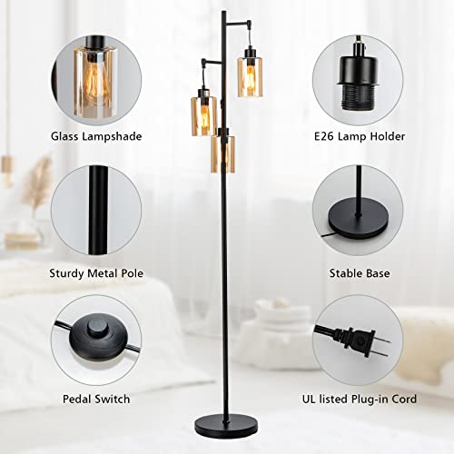 Tangkula 3 Lights Floor Lamp, Retro Floor Lamp With 3-Head Hanging Amber Glass Shade, Foot Switch, Metal Base, Industrial Floor Lamp For Living Room Bedroom Office (Black) #TOP7