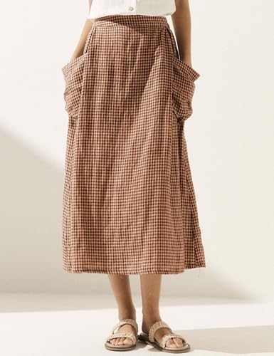 MISSACTIVER Plaid Skirts for Women Elastic Waist Midi Skirt with Pockets Vintage Flowy Gingham Long Skirt2