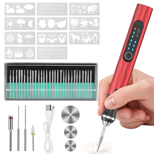Upgraded Electric Engraving Pen, 37 Bits, 3-Speed Adjustable, USB Rechargeable, Cordless Rotary Tool for 50+ Surfaces – Perfect for DIY Crafts & Personalization – Ideal Valentine’s Day Gift – Red