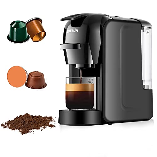 ZOKSUN 3 in 1 Coffee and Espresso Machine Combo Compatible with Nespresso Original Capsules, Dolce Gusto Pod and Ground Coffee, 19 Bar Pump Mini Espresso Machine for 1.35oz Espresso or 5oz lungo, Suitable for Home with Spoon, Self-Cleaning Function,