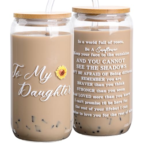 AUOIAJAS Gifts for Daughter Mothers Day Birthday Christmas gifts for Daughter from Mother Father Gift for her Coffee Glass Cup Mug Jar 16 Oz