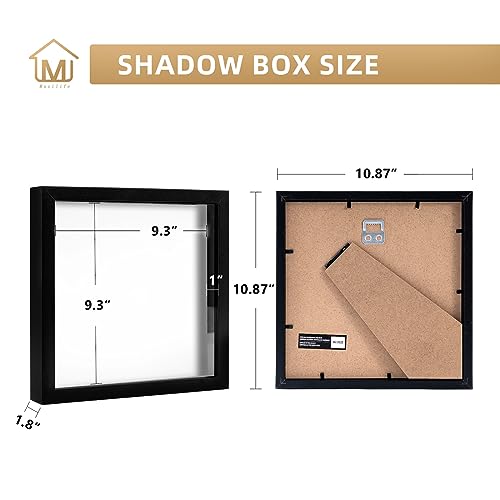 Muzilife 10x10 Shadow Box Picture Frame for Wall and Tabletop Display - Deep Wood & Glass Display Rustic Case Ready to Hang Memorabilia, Pins, Awards, Medals, Wedding, Tickets, and Photos, Black
