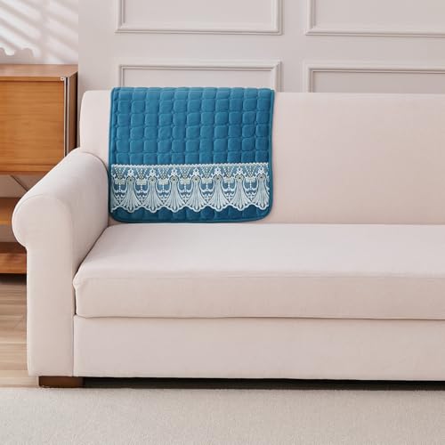 Image of HOKIPO 'BelleLace Series' Imperial Milk Velvet Sofa Backrest Mat Cover with Lace | Anti-Slip | 1 Pc - Celdaon Blue (AR-6311-BL)