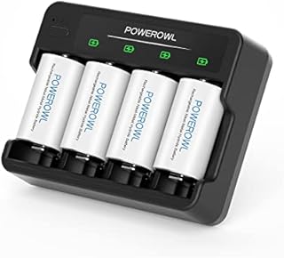 POWEROWL Rechargeable D Batteries with 4 Bay Battery Charger, USB Quick Charging, for AA AAA C D Ni-MH Ni-CD Rechargeable Batteries -4 Count
