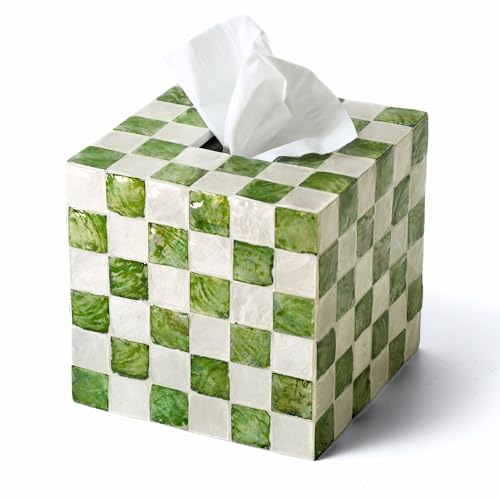 CHI AN HOME 5.5 Square Tissue Box Cover Handmade Checkered Cube Tissue Box Cover with Capiz Shells Decorative Tissue Holder for Living Room Bathroom Bedroom or Office (Pistachio Green)