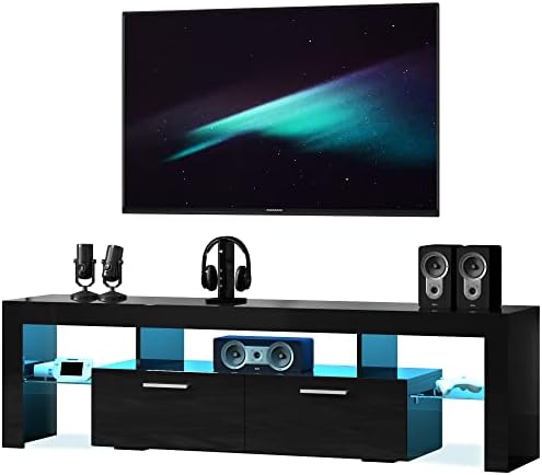 Entrintou Black Modern LED TV Stand for 55/60/65 Inch TVs with LED Lights, Entertainment Center with Open Shelves and Large Storage, Universal TV Table Media Console for Living Room Bedroom