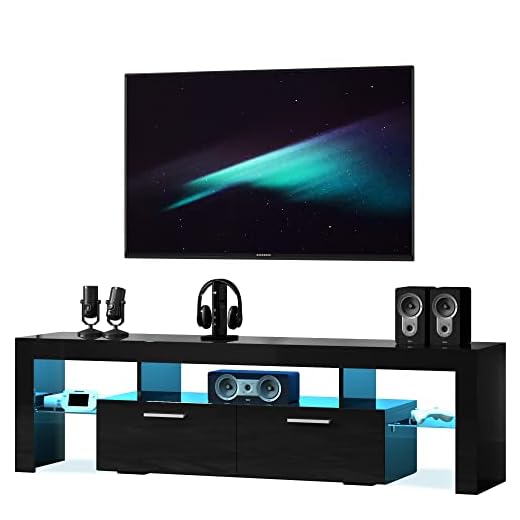 Entrintou Black Modern LED TV Stand for 55/60/65 Inch TVs with LED Lights, Entertainment Center with Open Shelves and Large Storage, Universal TV Table Media Console for Living Room Bedroom