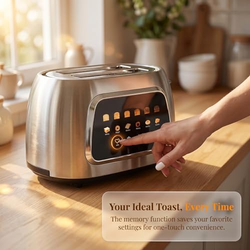 Image of Tesslux 2 Slice Toaster with Touch Screen Control, 1.5 inch Wide Long Slots, 6 Browning Levels & 6 Bread Types, Digital Timer, Memory, Defrost, Reheat (Silver, 2 Slice)
