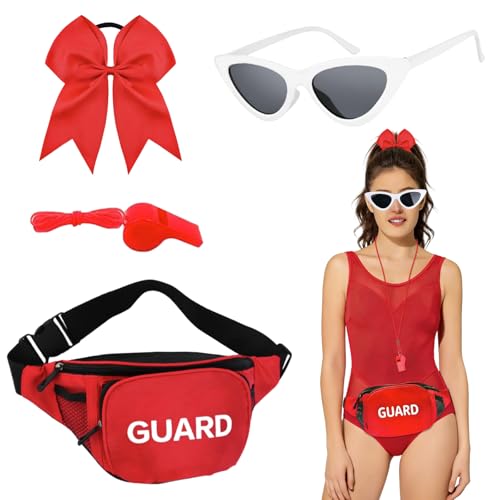 4 Piezas Accesorios de Socorrista Disfraz, Disfraz Vigilante de La Playa, Incluye Riñonera, Gafas de Sol, Liga para El Pelo y Silbato. Unisex, para Playas, Fiesta de Carnaval, Disfraces de Halloween