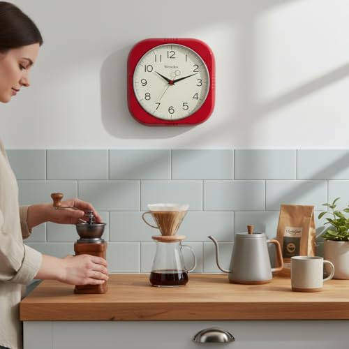 Image of Westclox Retro Square Wall Clock, Vintage 1950s Mid-Century Design for Kitchen, Living Room, or Office - Quiet Quartz Analog Clock with Dome Glass Lens & Chrome Bezel (Red, 9.5 inch)