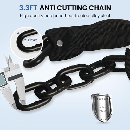 Bike Chain Lock with Alarm 130dB, Heavy Duty Motorcycle Locks Anti Theft 3.3FT, 8mm Hardened Steel Chain with Mini U Lock for Bicycle, Motorcycle, Scooter, Gate - Thumbnail 5