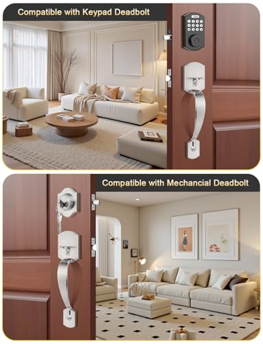 Image of Tinewa Camelot Trim Lower Half Entry Handleset Satin Nickel, Upgated Entry Door Handle with Door Knob for Electronic Keypad, Sliver Exterior Door Handle Lock Set