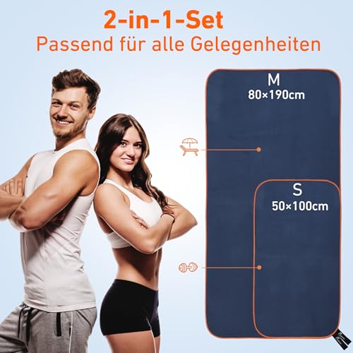 Jokisa 2 Stück Mikrofaser Handtuch Set (180x90cm Badetuch Groß+100x50cm Sporthandtuch),Schnell Trocknend und Kein Sand Strandhandtuch, Microfaser Handtücher für Fitness, Strand