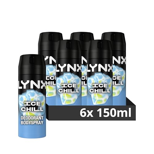 Lynx Men Ice Chill Deodorant Body Spray for 48 hours of odour-busting, high definition fragrance, with an iced mint & lemon scent 150 ml, Pack of 6