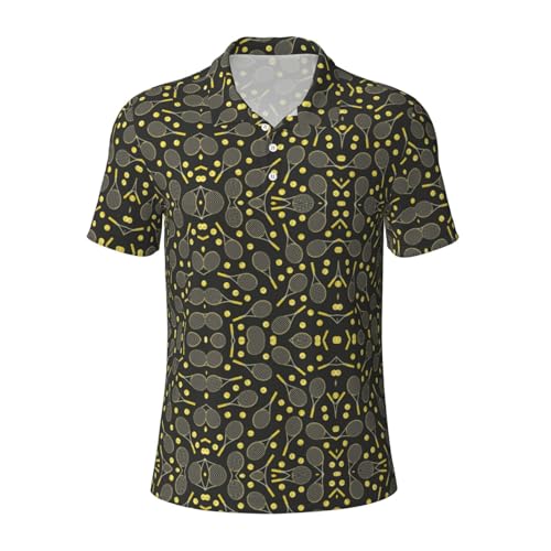 ERCgad Divertidas raquetas de tenis y pelotas de tenis estampadas para hombre, camiseta polo de manga corta para exteriores, bodas, vacaciones, celebraciones, Negro, S