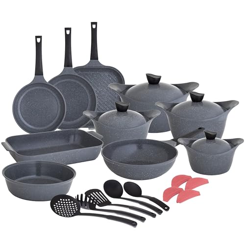 Badraig 23-Piece Granite Cookware Set Saudi Made Safe Dishwasher Ptfe/Pfoa Free Marble Nonstick Coating Stock Pot Fry Pan Grill Pan Kitchen Tool Silicone Grip - Grey