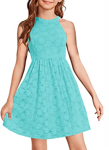 Hosika Girls Summer Halter Neck Floral Lace Sleeveless Backless A-Line Flared Swing Party Dress For Kids 6-12 Years Aqua Green Xl #TOP20