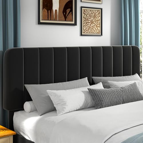 Image of VECELO King Size Bed Frame with Upholstered Headboard, Velvet Platform Bedframe Mattress Foundation, Strong Wood Slat Support, No Box Spring Needed,Black