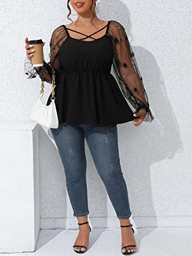 top feminino tamanho grande Plus Contrast Floral Mesh Flounce Sleeve Peplum Blouse (Color : Preto, S