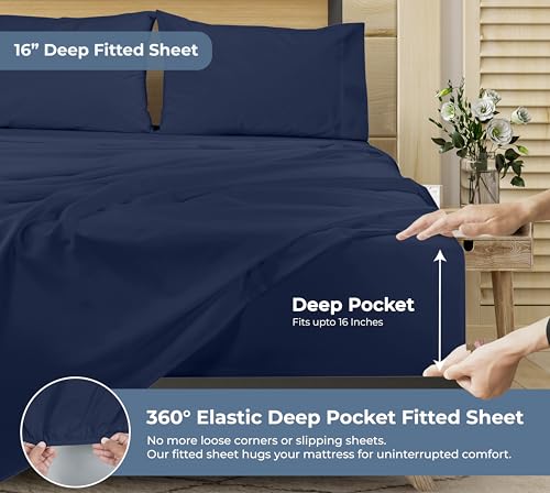 Image of ROYALE LINENS 100% Organic Cotton King Sheet Set - Percale Weave - 4 Pieces Set - 1 Flat, 1 Deep Pocket Fitted Sheet and 2 Pillowcases - Navy Bed Sheets - Sabanas King - Crisp Cool (Navy)