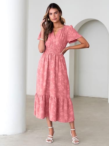 Image of Simplee Womens Summer Boho Maxi Dress Semi Formal Wedding Guest Short Sleeve V Neck Empire Waist Floral Long Dresses