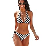 MSOKAZZLES Maillot de bain deux pièces sexy pour femme avec haut dos nu et string, Drapeau à damier noir et blanc, Taille L