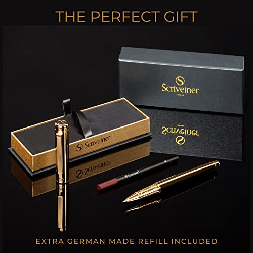 Scriveiner Gold Rollerball Pen - Stunning Luxury Pen With 24K Gold Finish, Schmidt Ink Refill, Best Roller Ball Pen Gift Set For Men & Women, Professional, Executive Office, Nice Pens #TOP3