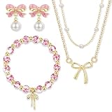 YOVORO Juego de collar y aretes con lazo para mujer, chapado en oro de 14 quilates, collar de lazo delicado con flores, pulsera de cuentas de moda, bonitos aretes colgantes de perla, regalos