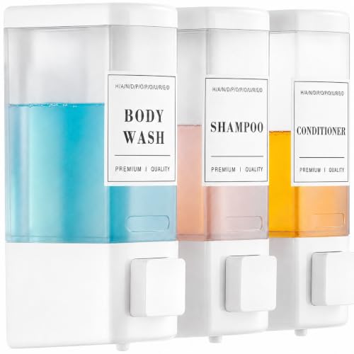Image of Shampoo and Conditioner Dispenser for Shower, 3 Chamber, White | Wall Mounted, No Drill, 3x16.9oz, ABS Plastic Material, Refillable With Labels, For Bathroom Hotel