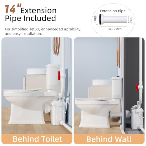 Image of Macerating Toilet Upflush System for Basement Bathroom, Complete Macerating Toilet Kit with 4 Inlets, Toilet Bowl, Water Tank, Soft Close Seat & Extension Pipe, for Sink Shower Kitchen