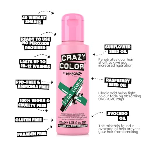 Crazy Color Vibrant Pine Green Semi-Permanent Hair Dye. Highly Pigmented Dark Green Conditioning & Oil Nourishing Vegan Formula | No Bleach or Ammonia | 100ml