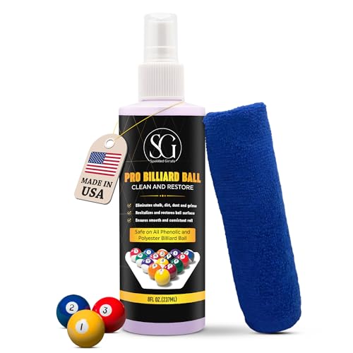 Billiard Ball Cleaner and Restorer with Cleaning Cloth - Pool Ball Cleaner for Consistent Roll Billiard Ball Cleaner Spray for Professional Care - Removes Chalk Residue Dust Dirt and Grime - 8 Oz