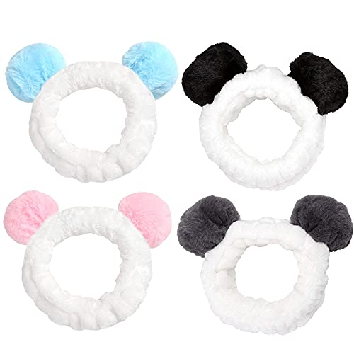 4PCS Stirnband Haarbänder, Weiches Haarband Cute, Kosmetische Stirnbänder, Haarband für Make up, Haarband aus Fleece, mit Flauschigem Kugelohrstirnband, für Die Dusche Gesicht Waschen Cover
