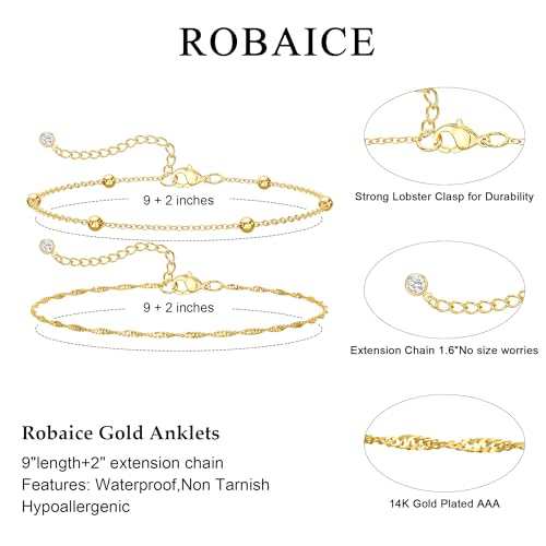 Image of Robaice Ankle Bracelets for Women, Glitter Waterproof Adjustable Anklet for Women, 14K Gold Plated /Sterling Silver Layered Anklets, Summer Beach Anklet Jewelry for Women Gift