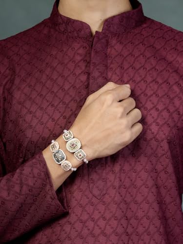 Image of Sukkhi Rakhi Traditional Kundan & Pearls Designer Meenakari Gold Plated Premium Rakhi for Brother with Roli Chawal & Greeting Card | Rakhi for Brother /Bhaiya /Bhai /Men|Rakhi Combo-Set of 2