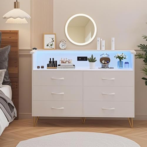 Image of Dresser for Bedroom with 6 Drawers, Wide Wood Chest of Drawers with Charging Station & RGB LED Lights - Storage and Organization Dresser for Living Room, Closet, Hallway, MDF Cabinet, White