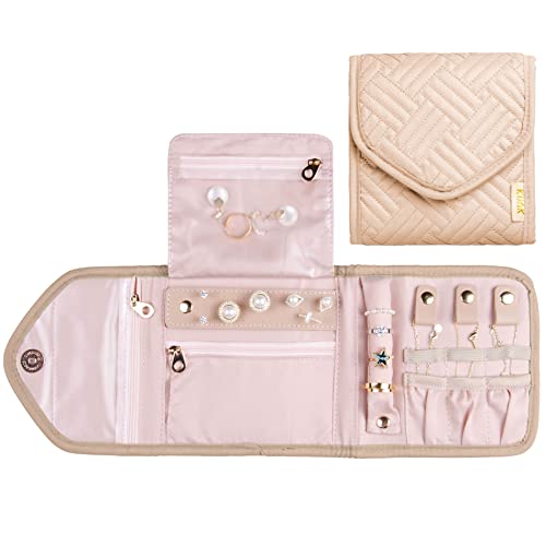 Kuak Travel Jewelry Organizer Roll Foldable Mini Jewelry Bag For Women Girls Gift, Jewelry Case For Rings, Necklaces, Earrings, Bracelets, Soft Pink #TOP10