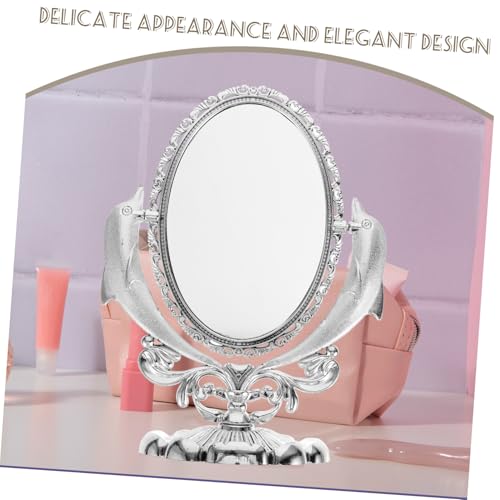Miroir cosmétique double face pivotant de table avec socle stable design dauphin argenté
