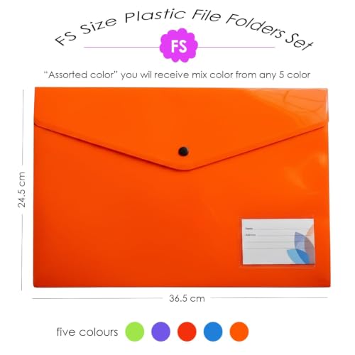 Image of Shuban A4 Plastic File Folder Document Organizer, Plastic File Holder with Snap Button, Waterproof Certificate Folder for Office, School, Home (Style-1-Plain Folder - 5 Pcs -Multi Color)