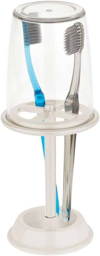 mDesign Compact Decorative Plastic Bathroom Vanity Countertop Toothpaste & Toothbrush Holder Stand with Rinsing Cup/Cover - BPA Free - Cream/Clear