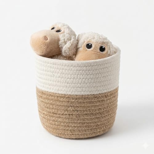 Image of AuraNest Jute Planter Basket 8x8 Inch | Cotton Rope Round Storage Basket for Plants, Laundry & Home Organizer | Multipurpose Eco-Friendly Woven Bin for Kitchen, Bedroom & Nursery (Brown & White)