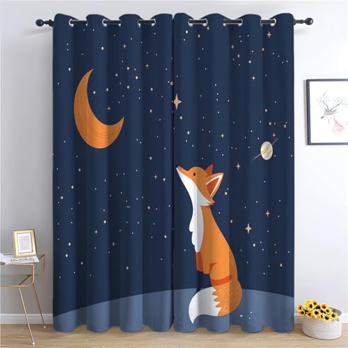 Blackout Vorhänge H166 x B150 cm Verdunkelung Vorhang mit Ösen Cartoon Tier Fuchs Sterne Vorhang Dunkelblau Weich Polyester Vorhänge für Wohnzimmer Schlafzimmer und Kinderzimmer Dekorieren